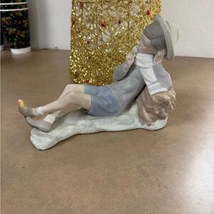 Lladero Shepard with bird - Porcelain Boy Figurine in Gray and Cream